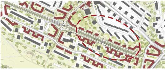 Ursprunglig plan från programmet från 2005. Området som berörs av detaljplanen ?Sävlången? är omringat av den röda streckade cirkeln. Här ser vi urbana stråk med hus längs gatorna med lokaler i bottenvåningen.